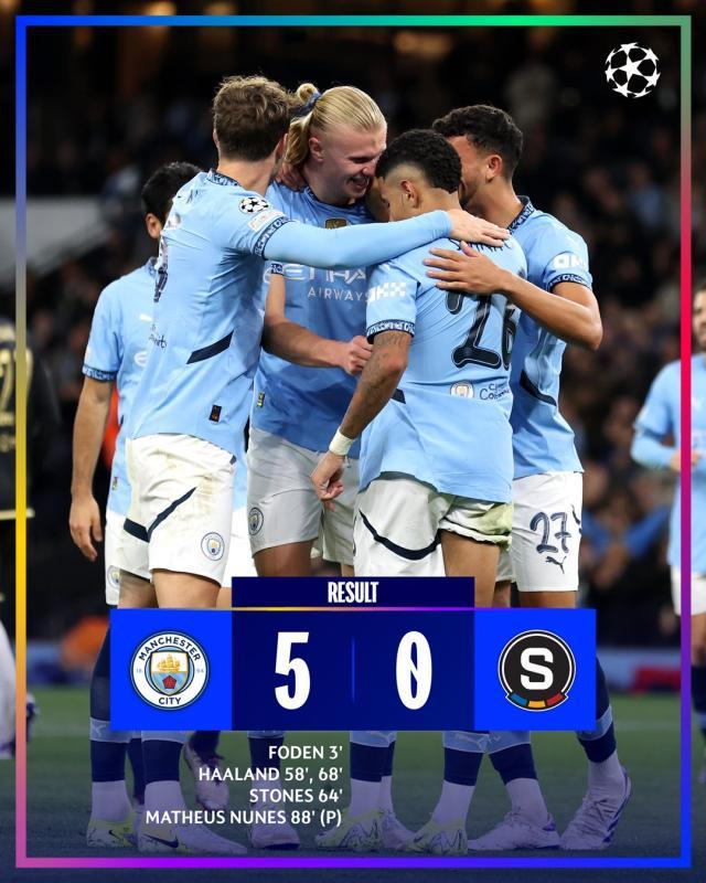 【欧冠】曼城5比0布拉格斯巴达，哈兰德梅开二度